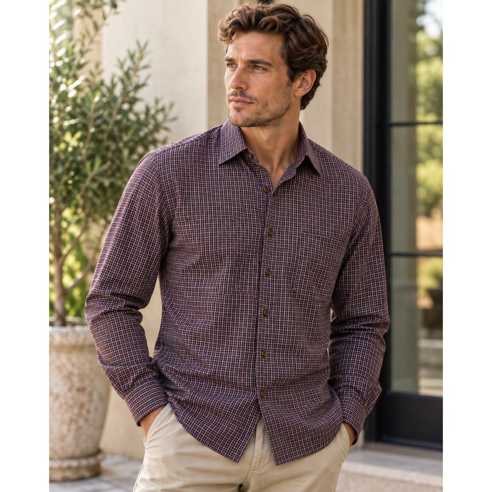 Ermenegildo Zegna Mens Burgundy Navy Micro Check Cotton Button Down Shirt Size M